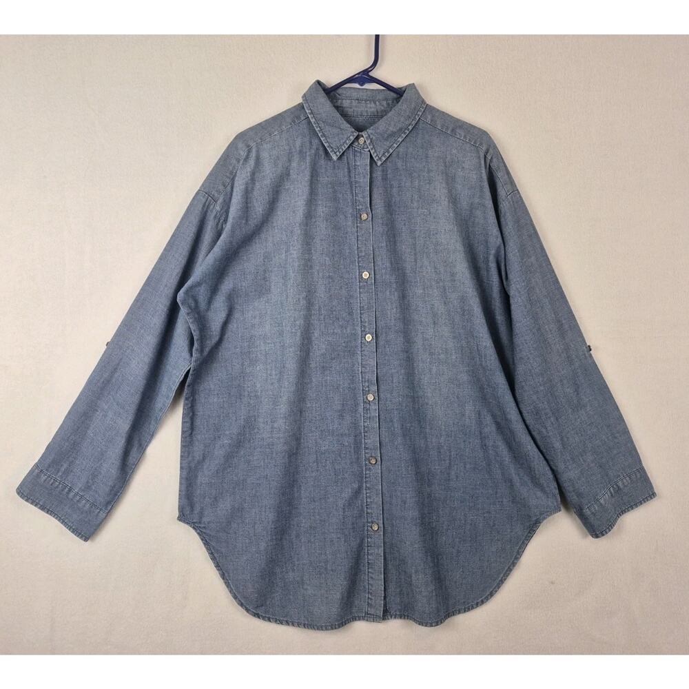 Chico’s Chambray Button Down Shirt Womens Size 2 Blue Denim Look Long Sleeve Top